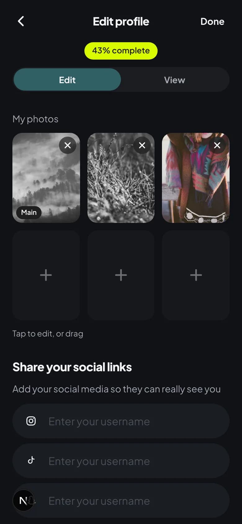 Edit profile screen on iPhone