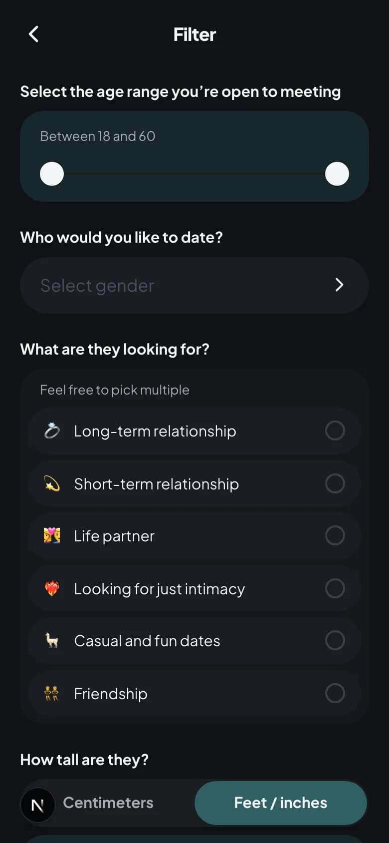 Filter and preferences screen on iPhone